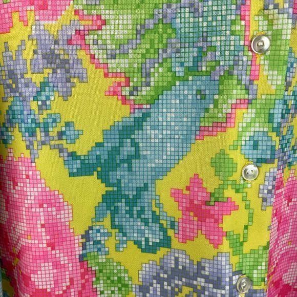 Womens Vintage 60s 70s Bright Pixelated Flower Floral Button Front Top Medium‎ - Picture 4 of 7